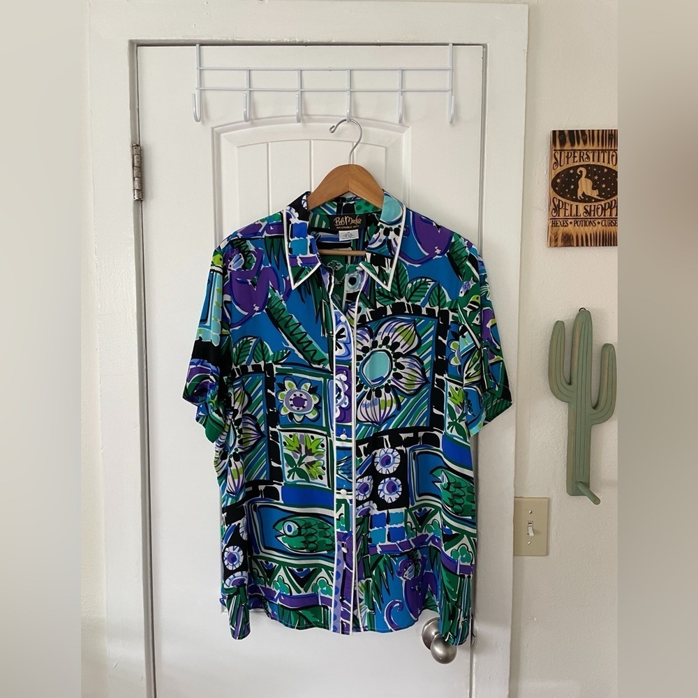 Bob Mackie Wearable Art 100% Silk Novelty Cat Short Sleeve Hawaïi Watercolor XL